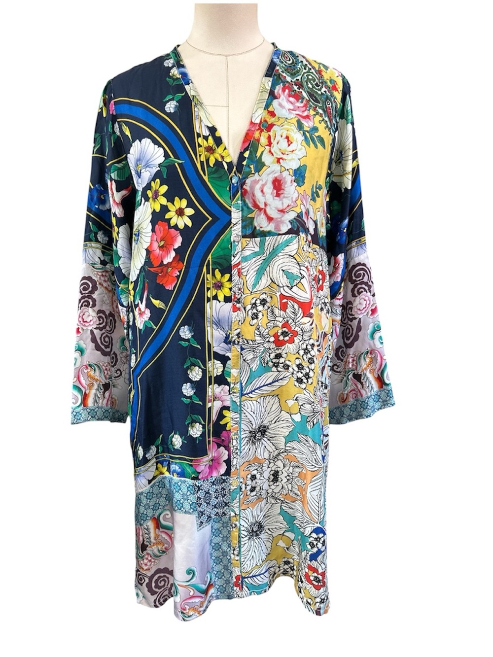 Johnny Was floral mixed print silk button down tunic size large